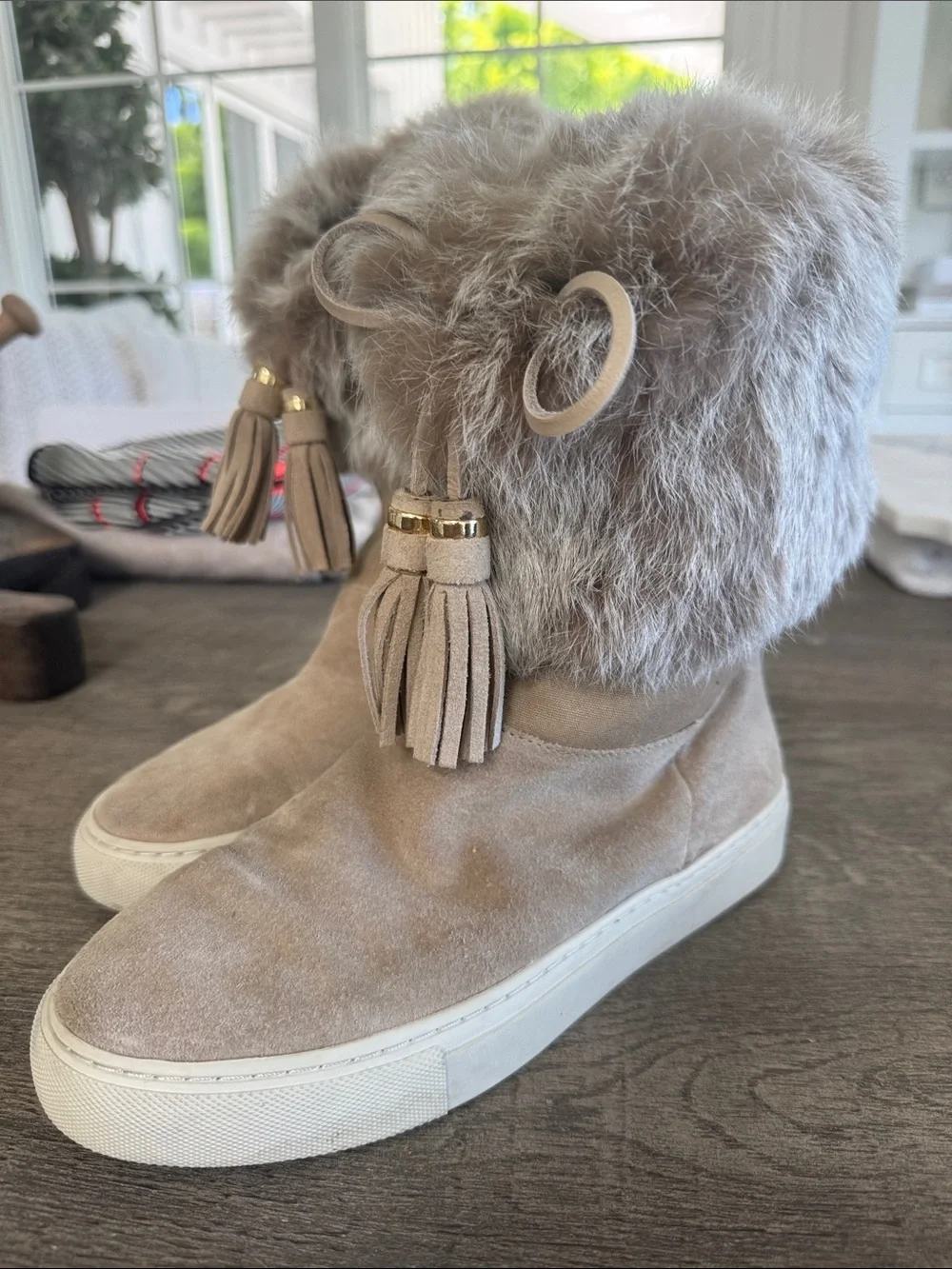 Tory Burch Suede Faux-Fur Tassel Boot Sneakers - Taupe
